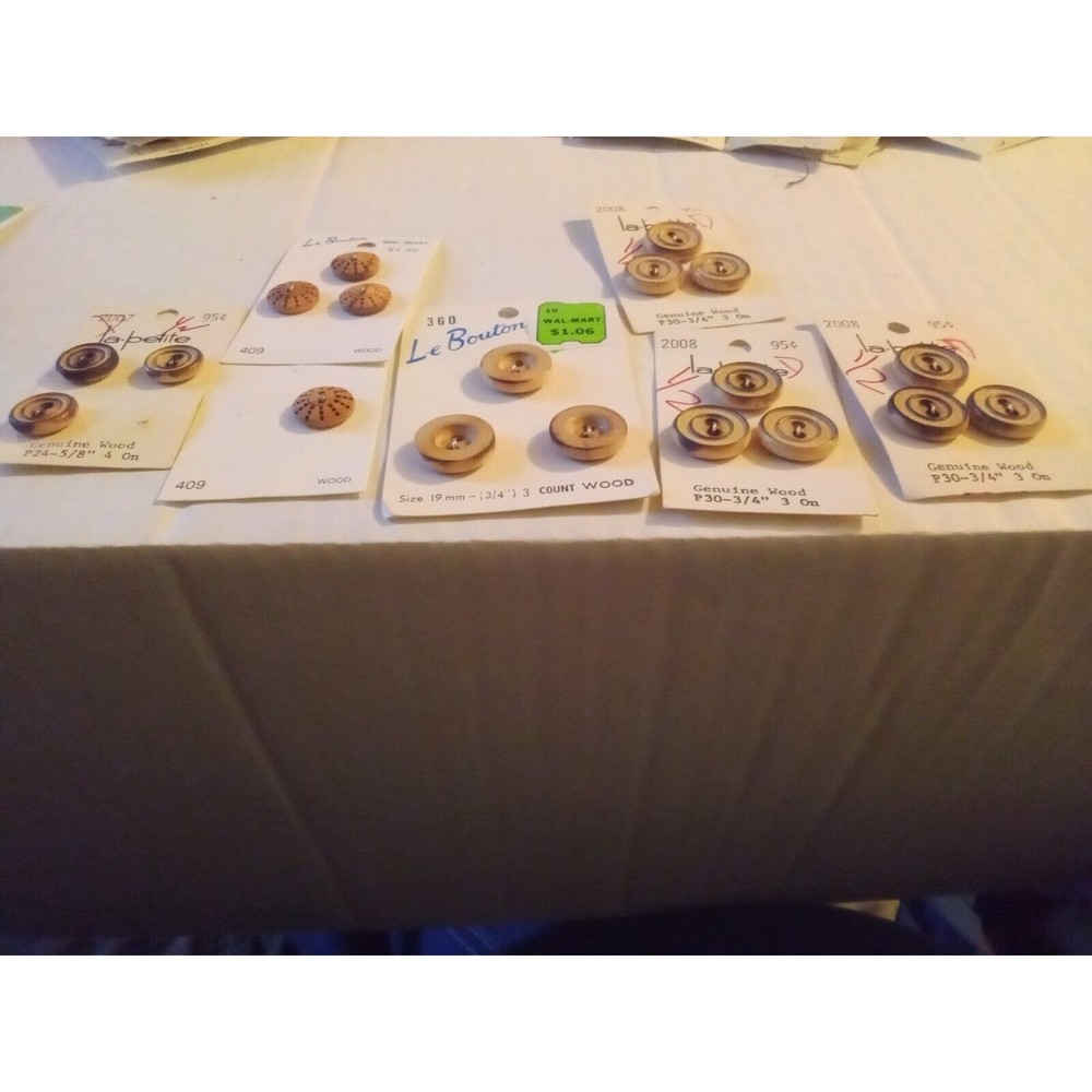 Wood Buttons Lot Assorted Sizes 7 cards